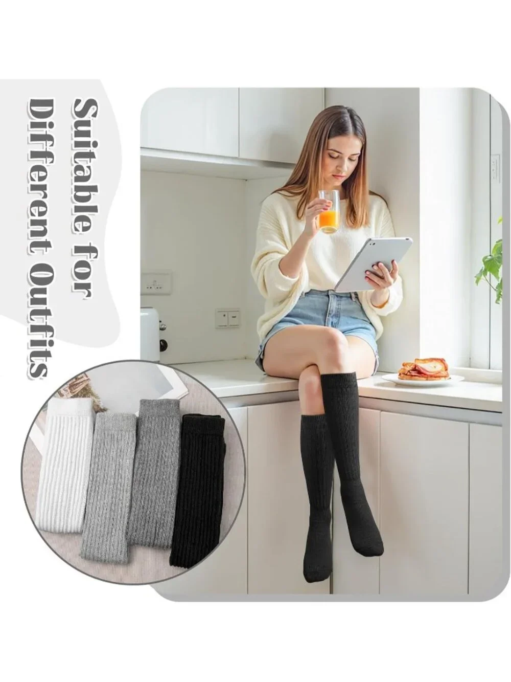 🧦Women's White Black 4 Pairs Slouchy Socks Boot Long Knee High Slouch Socks